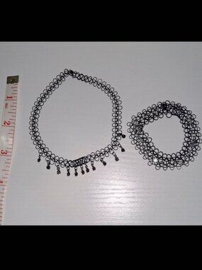Black Tattoo Choker Necklace & Bracelet Set with silver Crystal Accents Y2K Goth